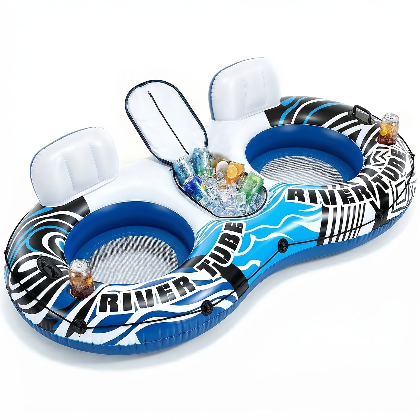 Heavy Duty Double Inflatable Pool Float Bed with Detachable Refrigerator, Suitable for Swimming Pools Rivers, Adult Float River Drifting Boat Lounge Chair with 2 Cup Holders