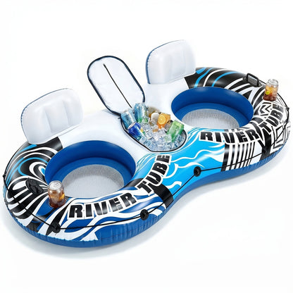 Heavy Duty Double Inflatable Pool Float Bed with Detachable Refrigerator, Suitable for Swimming Pools Rivers, Adult Float River Drifting Boat Lounge Chair with 2 Cup Holders