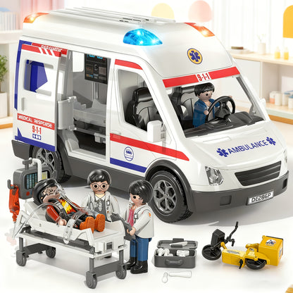 Kids' Emergency Vehicle Playset - Realistic White Ambulance with Flashing Lights & Sound, Friction-Powered, Ideal for Ages 3-8, Perfect Holiday or Birthday Gift, Playset for Youngsters|Playful Design|Durable Playset, Emergency Vehicle Playset|Playful Desi