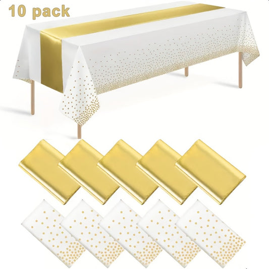 Disposable Tablecloth & Table Runner Set 10 Pack White & Gold Plastic Party Table Covers for Wedding, Birthday, Graduation, Anniversary – Elegant Party Decorations Bulk