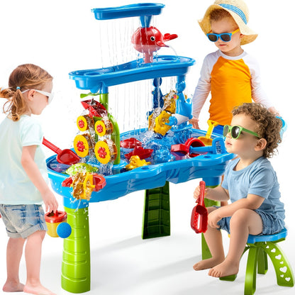 Sand Water Table for Kids 3-Tier Outdoor Sensory Play Table with Shovel Scoop & Strainer – Backyard Beach Summer Toy for Toddlers Boys Girls (Blue)