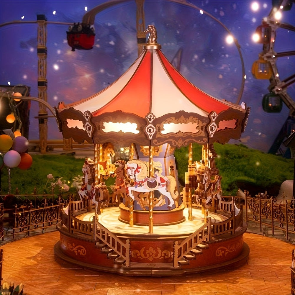 Rolife Carousel Music Box Kit – DIY 3D Wooden Puzzle Architectural Craft Model, Spinning Carousel with Music, Hobby Home Decor, Valentine's Day Birthday Christmas Anniversary Gift for Adults Teens