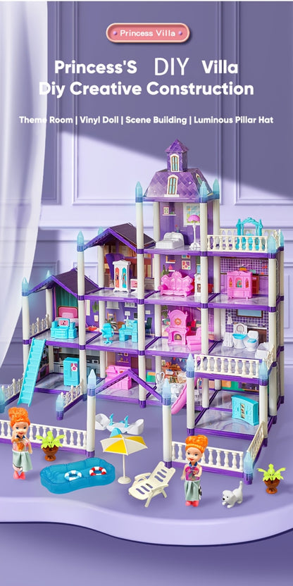 LED Dollhouse Playset for Girls – Purple Multi-Room Playhouse with Doll Figures, Puppies, Furniture & LED Lighting, 6 to 16 Room Options, Creative Imaginative Gift for Girls Ages 3-10 Birthday Christmas