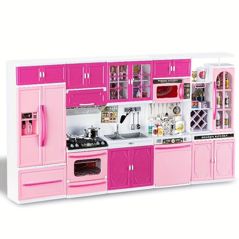 64pcs Pink Kitchen Toys with Lights And Sounds Mini Furniture Sets Doll Playset Toys