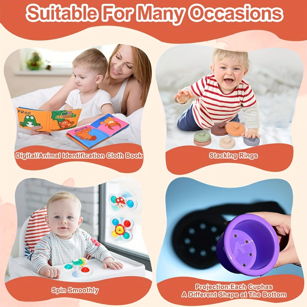 3-in-1 Sensory Stacking Toy Set for Toddlers – Hand-Eye Coordination & Fine Motor Skills Activity Kit with Soft Cloth Book, Spinning Top & Stacking Cups, Birthday Easter Gift for Baby Boys & Girls