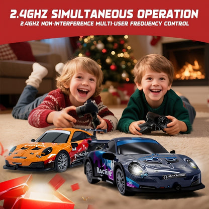 BSJ RC Drift Car 1:24 Scale 4WD 28KM/H Alloy Body with Drift Tires, LED Lights, Barricades & 2 Batteries – Crash-Resistant Racing Car for Boys & Girls, Birthday Christmas Gift (Black/Yellow)