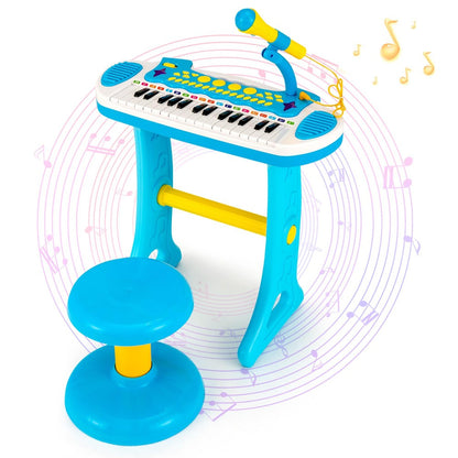 COSTWAY 31-Key Piano Toy, Portable Musical Instrument W/ Multiple Sounds And Light Effect, Adjustable Microphone And Stool, Cute Toy Keyboard for Boys And Girls, Gift for 3+, Blue