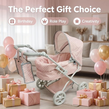 3-in-1 Baby Doll Stroller Set Pink – Foldable Pram with Removable Bassinet & Carry Bag for 14-24 Inch Dolls, Swivel Wheels Adjustable Handle, Role Play Nursery Gift for Girls Ages 3-12