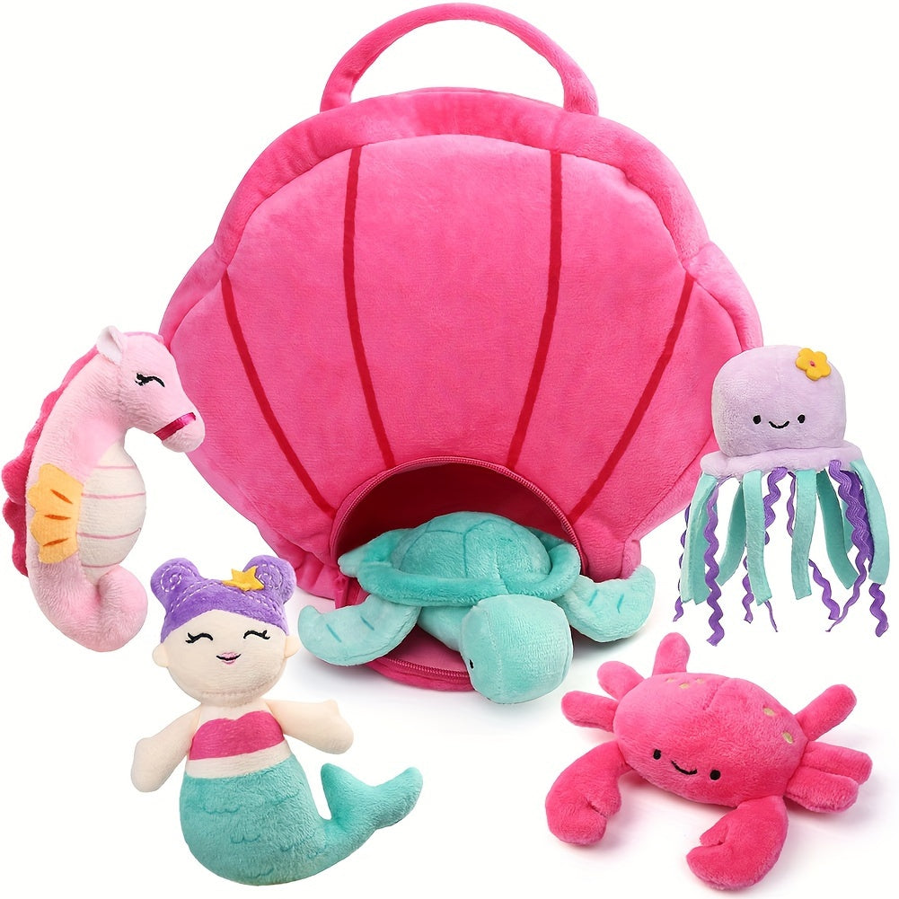 BenBen Ocean Stuffed Animal, 5PCS Small Sea Creature Plush Toys, Shell Carrying Bag Set, Cute Plushies for Baby Kids, Sea Turtle, Octopus, Mermaid, Seahorse, Crab, Girls Birthday Gifts, Christmas Gift
