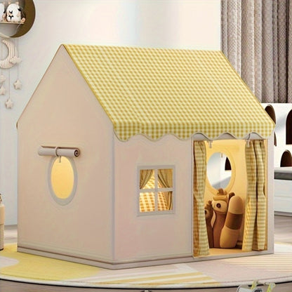 Kids Cabin Style Checked Play Tent – Indoor & Outdoor Polyester Playhouse Tent for Home Decor & Family Fun | Pink, Khaki, Yellow | Holiday Gift & Party Decoration