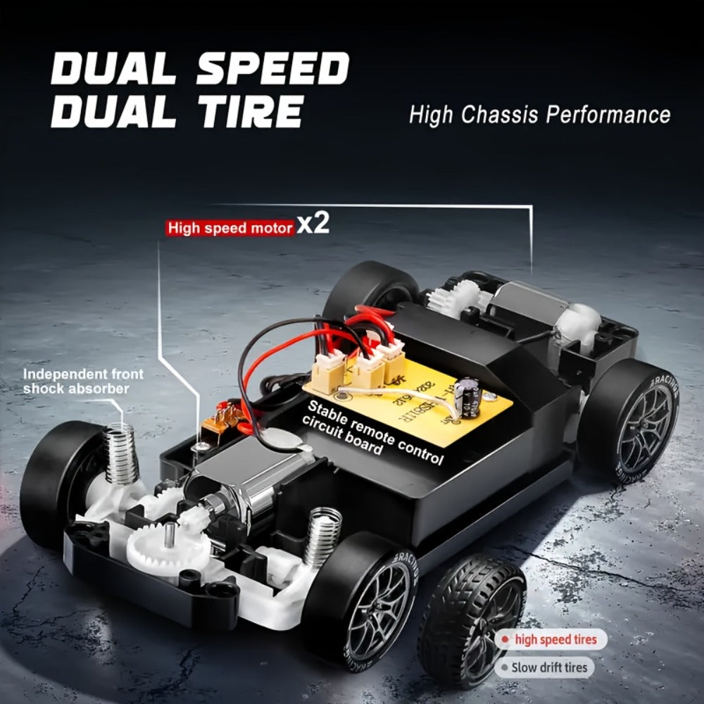 BSJ RC Drift Car 1:24 Scale 4WD 28KM/H Alloy Body with Drift Tires, LED Lights, Barricades & 2 Batteries – Crash-Resistant Racing Car for Boys & Girls, Birthday Christmas Gift (Black/Yellow)