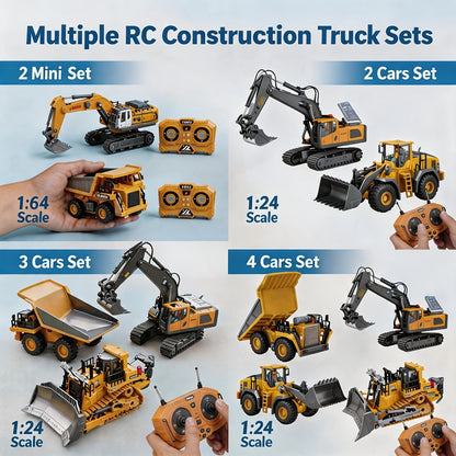 RC Construction Vehicle Set 2.4G 11-Channel Remote Control Excavator Dump Truck Bulldozer | 1:24 & 1:64 Alloy Engineering Toy | 2-in-1, 3-in-1, 4-in-1 Kit for Kids Adults