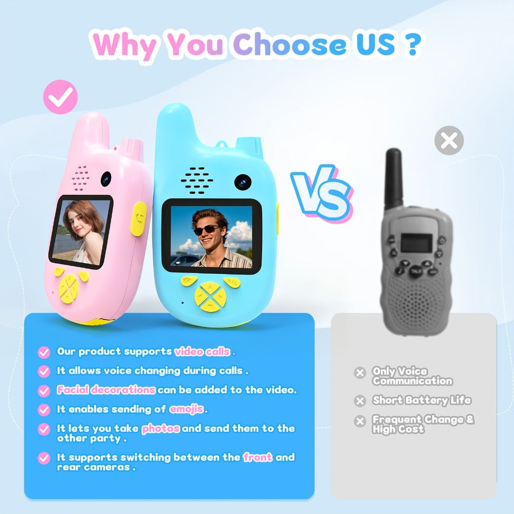 Video Walkie Talkies (2pcs) with Voice Changer, Video Call, Take A Picture, Dual Cameras for Indoor Play Camping Hiking Travel Birthday Gift, Outdoor Communication, Travel Essentials, Colorful Design, Durable(2412-2462MHZ)