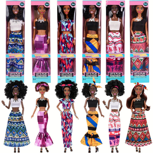 African American Fashion Doll Set 6 Pack 11.5 Inch Bohemian Curly Hair Dolls Removable Boho Outfits Headscarves Silver Necklaces Diverse Gift for Girls Kids Party Favors Birthday Christmas