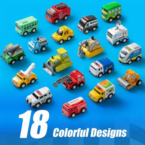 Pull Back Cars Toy Set 18pcs for Kids, Mini City Vehicles with Fire Truck Police Car School Bus, Friction Powered Toy Cars for Boys Girls Ages 3+ Party Favors Gift