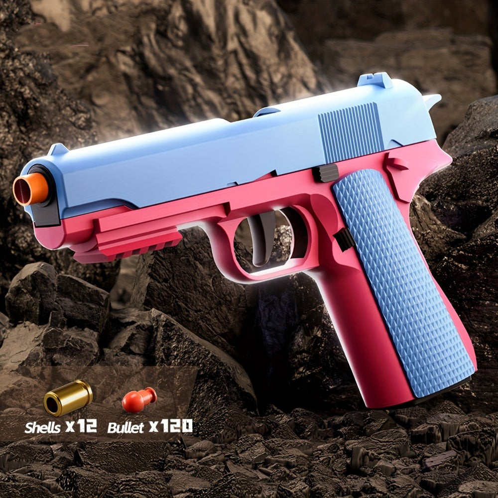 Cool Toy Gun with 120 Soft Bullet Shells & Ejecting Shells System - Semi-Automatic Rapid-Fire Pistol Suitable for Boys, 2 Magazines & 12 Shells/Bullets for Indoor/Outdoor Shooting Games, Birthday Gifts for (Fake Gun for Role Play)