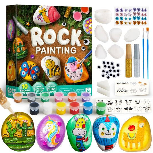 Rock Painting Kit for Kids 10 Stones 16 Paints 6 Metallic Colors Arts and Crafts Set for Girls Boys Ages 6+ DIY Stone Art with Gems Glitter Glue Stickers Brushes Birthday Christmas Gift
