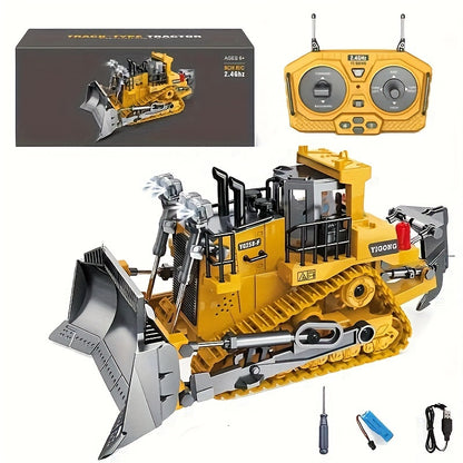 9-channel Remote Control Bulldozer, 2.4GHz RC Multifunctional Engineering Vehicle Toy, Preferred For Outdoor And Indoor Interactive Play With Alloy Metal Cover, Lightweight, Halloween, Thanksgiving, Christmas, Birthday, New Year Gifts