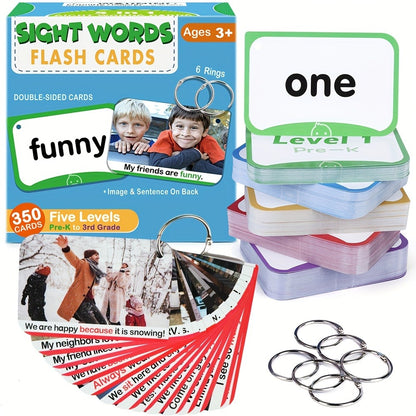 Sight Words Flash Cards 350 Dolch & Fry High Frequency Words – 5 Color-Coded Levels Pre-K to 3rd Grade, Laminated Double-Sided Reading Flashcards with Rings, Homeschool Classroom Gift for Kids Ages 3-9
