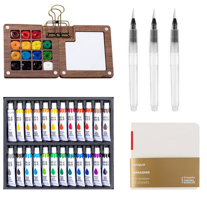 Portable Watercolor Paint Set 24 Colors with 15-Grid Palette 3 Brushes and 6 Accessories Pocket Painting Kit for Outdoor Sketching Travel Artists Kids Adults