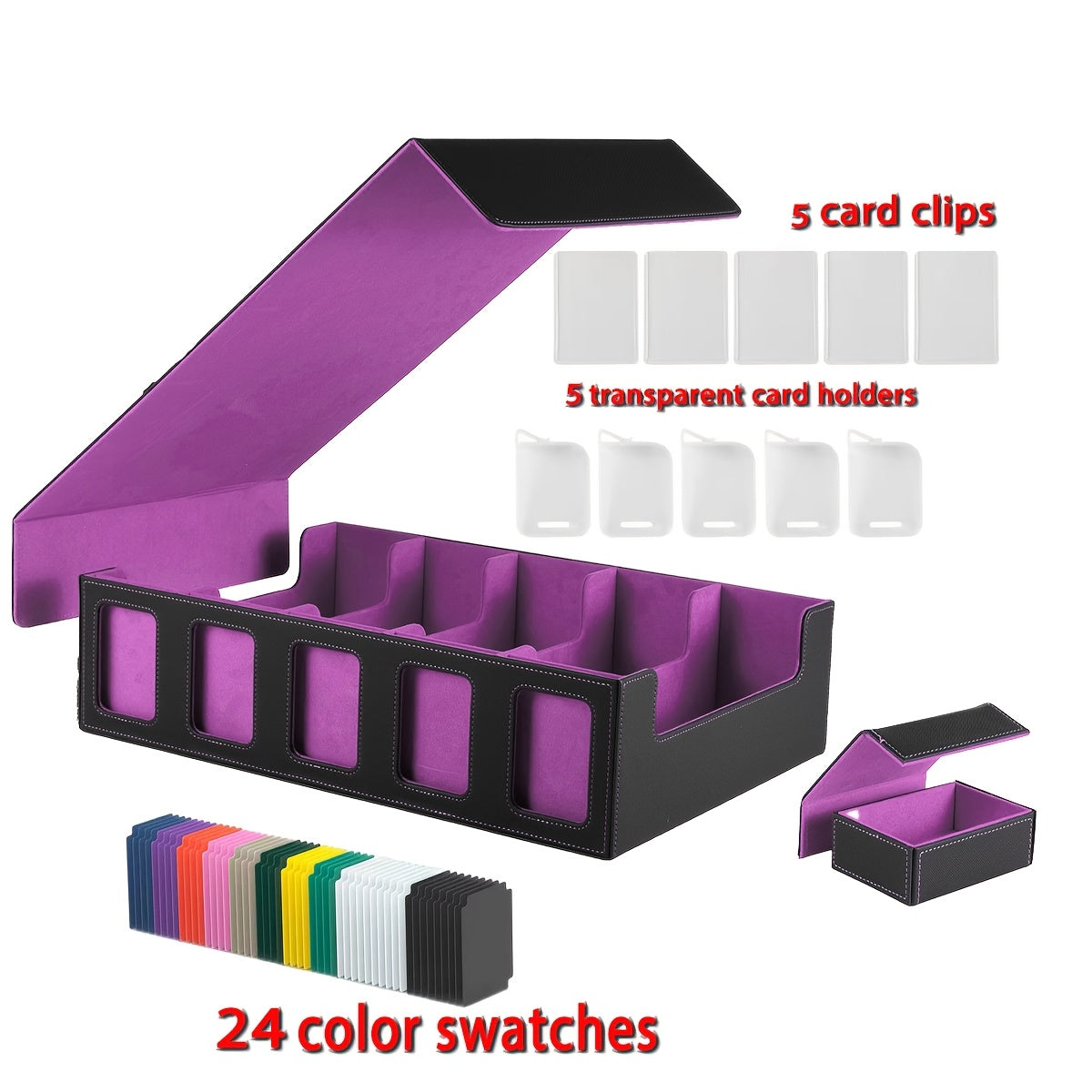 Trading Card Storage Box 5-Row with 24 Colored Dividers, 5 Card Sleeves & 5 Grid Boards – Card Organizer for Pokemon MTG Yu-Gi-Oh Sports Cards, Collection Display & Daily Storage, 5 Colors