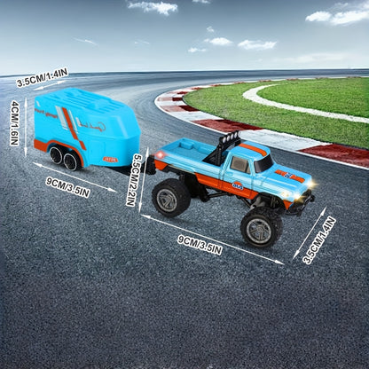 Mini RC Truck Toy, 2.4GHz Off-Road Alloy Truck, 1:64 Scale Mini RC Truck (with Trailer, Body Lights & Headlights), Crawler Toy, Adjustable Speed/Steering, Collectible Truck Model, Perfect Holiday Gift
