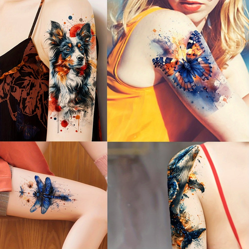 Temporary Tattoos for Women & Kids - 24 Sheets Large Watercolor Realistic Fake Tattoo Stickers with Flower & Animal Designs - Long Lasting Body Art Half Arm Tattoos