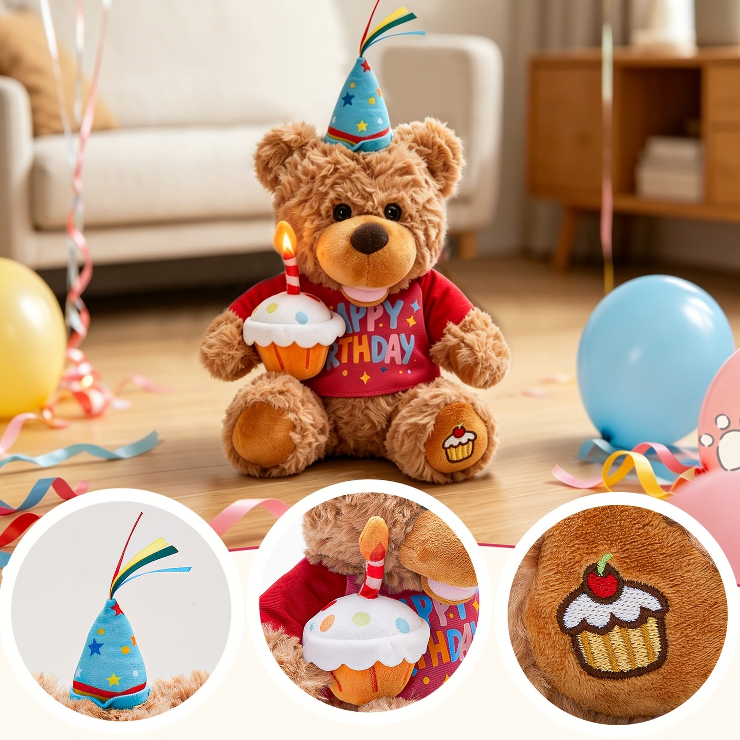 13.5-Inch Birthday Teddy Bear Interactive Plush Toy (Without Batteries), Electric Singing Music Plush with Cupcake, Glowing Candle Teddy Bear Gift for Kids Girls Boys Birthday Holiday Baby Shower, Perfect Present for Children, Super Soft