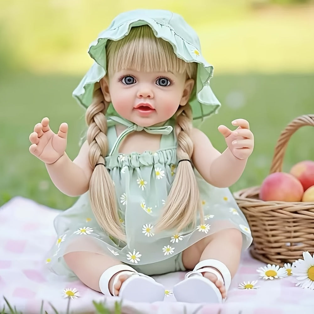 Bath Safe Reborn Baby Doll 22 Inch 55CM Full Vinyl Long Hair – Poseable Stand Sit Lay, Hand-Painted Lifelike Newborn Girl, Gift Set with Outfit Pacifier Bottle for Kids Ages 3+ & Collectors