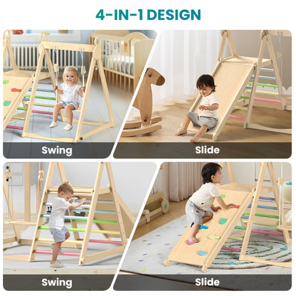 Foldable Indoor Wooden Jungle Gym for Toddlers – 4-in-1 Climbing Frame with Swing, Slide & Ladder | Ages 18M+ | Rainbow & Blue | Kids Indoor Playset for Cognitive Development & Active Play