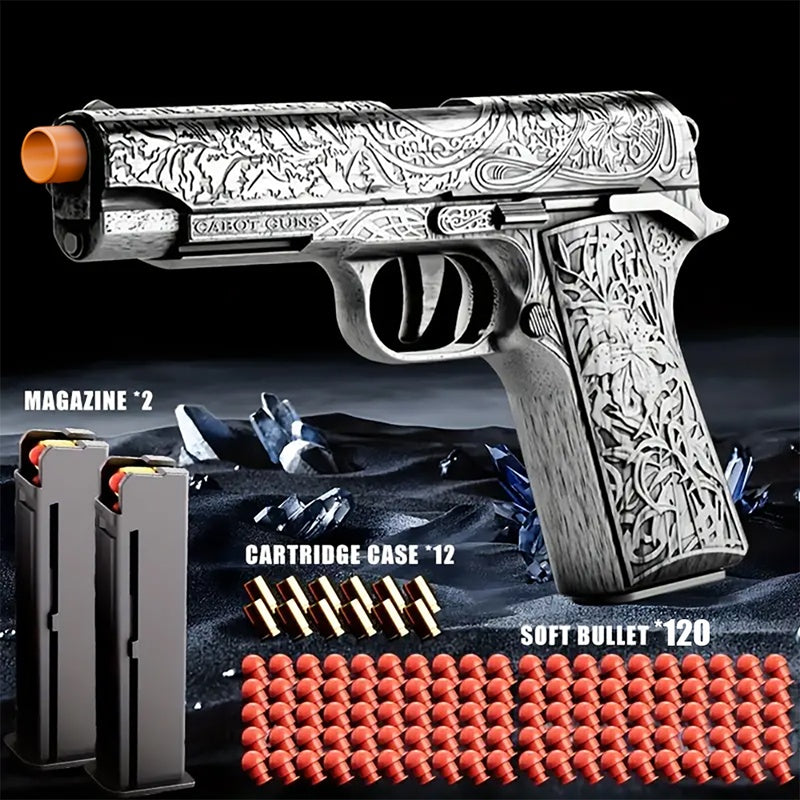 Cool Toy Gun with 120 Soft Bullet Shells & Ejecting Shells System - Semi-Automatic Rapid-Fire Pistol Suitable for Boys, 2 Magazines & 12 Shells/Bullets for Indoor/Outdoor Shooting Games, Birthday Gifts for (Fake Gun for Role Play)