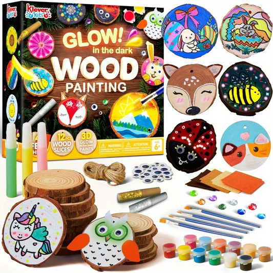 [Christmas Gift] Wooden Painting Craft Kit for Kids, Glow In The Dark- Arts And Crafts for Kids Ages 6+, Wood Slices with Art Activity Supplies, Wood Crafts for Boys And Girls Birthday Christmas Gift, Easter Painting