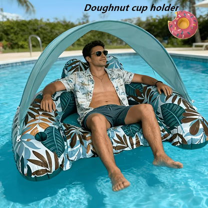 Inflatable Swimming Pool Floats With Canopies, Tropical Leaf-print Floating Loungers With Cup Holders, Perfect For Adult Summer Beach Parties, Pool Parties, Lakes, And More Excellent Water Toys