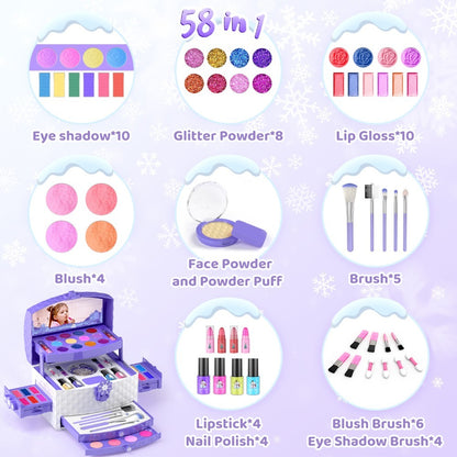 58pcs Kids Makeup Set for Girls Ages 3-12 Non Toxic Washable Pretend Play Makeup Kit with Brushes and Case, Real Little Girl Toys Birthday Christmas Gift