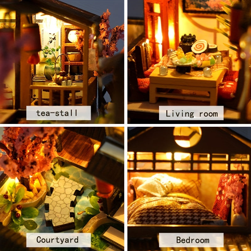 1pc DIY Miniature House Kit, Sakura Style House, Adult Building Dollhouse Kit, Wooden Dollhouse Kit, Model Building Kit, Halloween, Christmas Gift (Glue and Batteries Not Included)