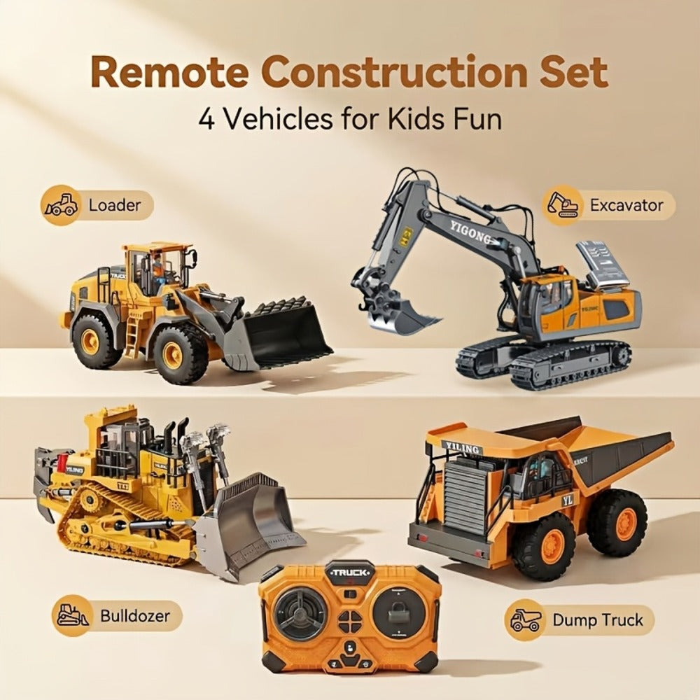 RC Construction Vehicle Set 2-4 Piece – 2.4G 12-Channel Remote Control Excavator, Dump Truck, Bulldozer & Loader, Alloy & Plastic RC Construction Equipment for Kids, Birthday Christmas Gift