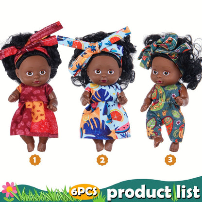 Mini Black Baby Doll Set 6 Pcs 4.5 Inch Curly Hair Rotatable Poseable – Flower Pajamas Gift Box, Cute Diverse Newborn Dolls for Kids, Birthday Christmas Holiday Gift for Girls Ages 3+ (Random Patterns)