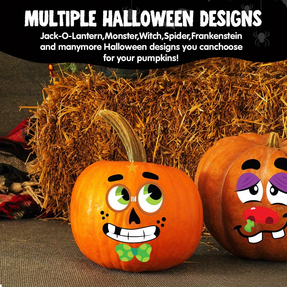 Halloween Pumpkin Decorating Stickers Kit - 40 Faces 18 Sheets 12 Designs No-Carve Pumpkin Decoration Craft for Kids - Trick or Treat Party Supplies & Favors