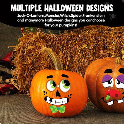 Halloween Pumpkin Decorating Stickers Kit - 40 Faces 18 Sheets 12 Designs No-Carve Pumpkin Decoration Craft for Kids - Trick or Treat Party Supplies & Favors