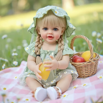 Bath Safe Reborn Baby Doll 22 Inch 55CM Full Vinyl Long Hair – Poseable Stand Sit Lay, Hand-Painted Lifelike Newborn Girl, Gift Set with Outfit Pacifier Bottle for Kids Ages 3+ & Collectors
