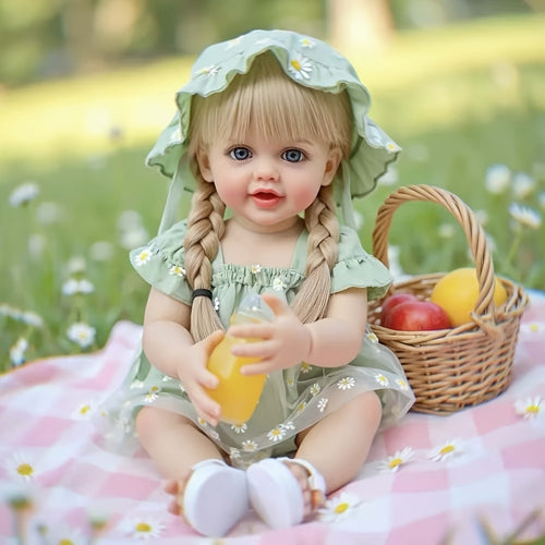 Bath Safe Reborn Baby Doll 22 Inch 55CM Full Vinyl Long Hair – Poseable Stand Sit Lay, Hand-Painted Lifelike Newborn Girl, Gift Set with Outfit Pacifier Bottle for Kids Ages 3+ & Collectors