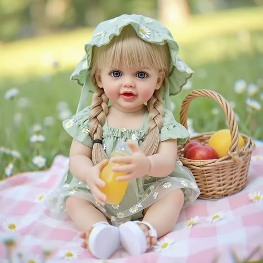 Bath Safe Reborn Baby Doll 22 Inch 55CM Full Vinyl Long Hair – Poseable Stand Sit Lay, Hand-Painted Lifelike Newborn Girl, Gift Set with Outfit Pacifier Bottle for Kids Ages 3+ & Collectors