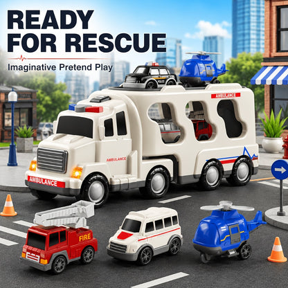 Ambulance Carrier Truck Toy 5-in-1 with Light and Sound for Kids 3-8, Friction Powered Rescue Vehicle Set with Fire Truck Police Car Helicopter Mini Cars, Birthday Christmas Gift for Boys Girls