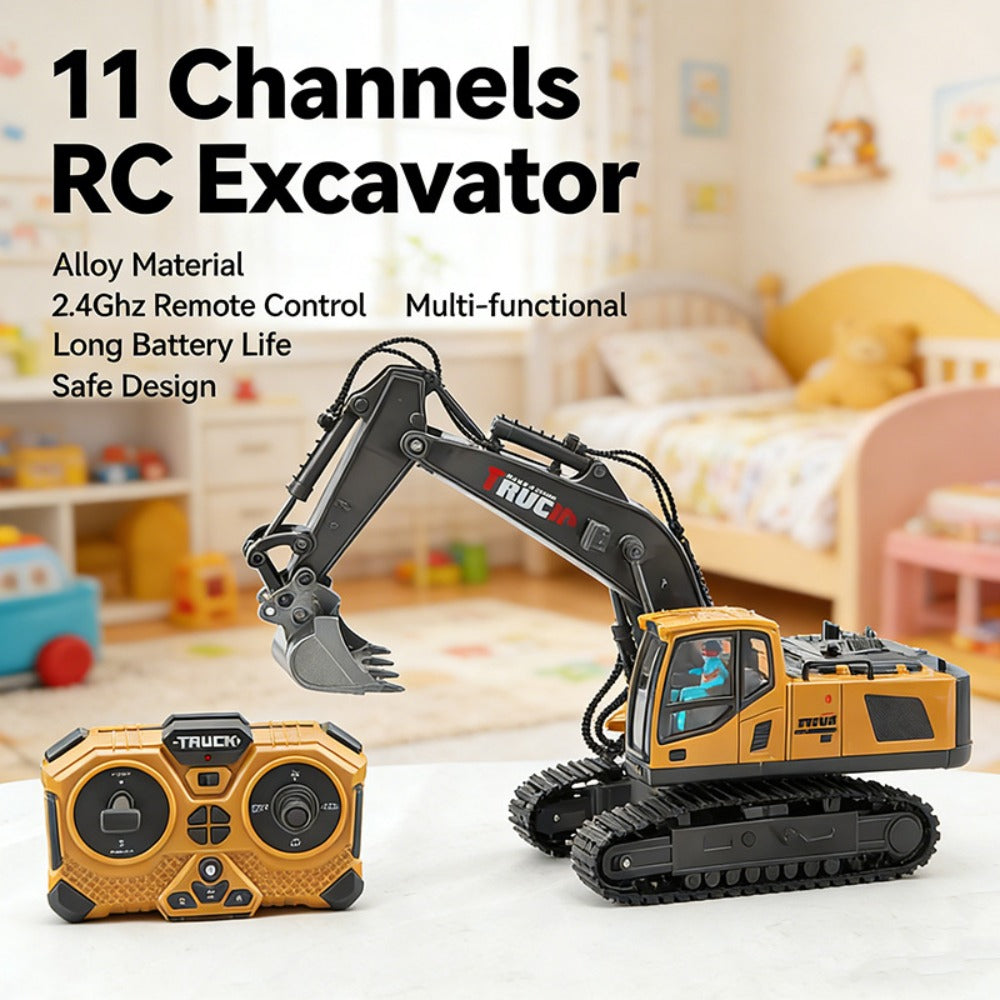 RC Excavator Toy Set for Kids – Remote Control Construction Vehicles with Metal Shovel, LED Lights & 1200mAh Battery, Boys Gift Ages 6+