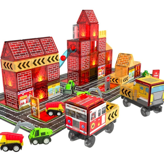 Children's Magnetic Tile Toys, Featuring A Fire Truck And Fire Station, Buildings, Roads, Cranes And Car Toys., Educational Toys, Transportation Toys, Young Builders