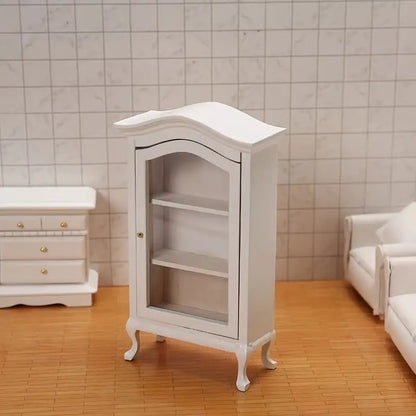 Scale White Artificial Wooden Mini Display Cabinet Model, with Mirror And 3 Glass Front Shelves - Suitable for Dollhouse Decoration, Photography Props, Weddings, And Living Room Scenes, Making It an Excellent Gift