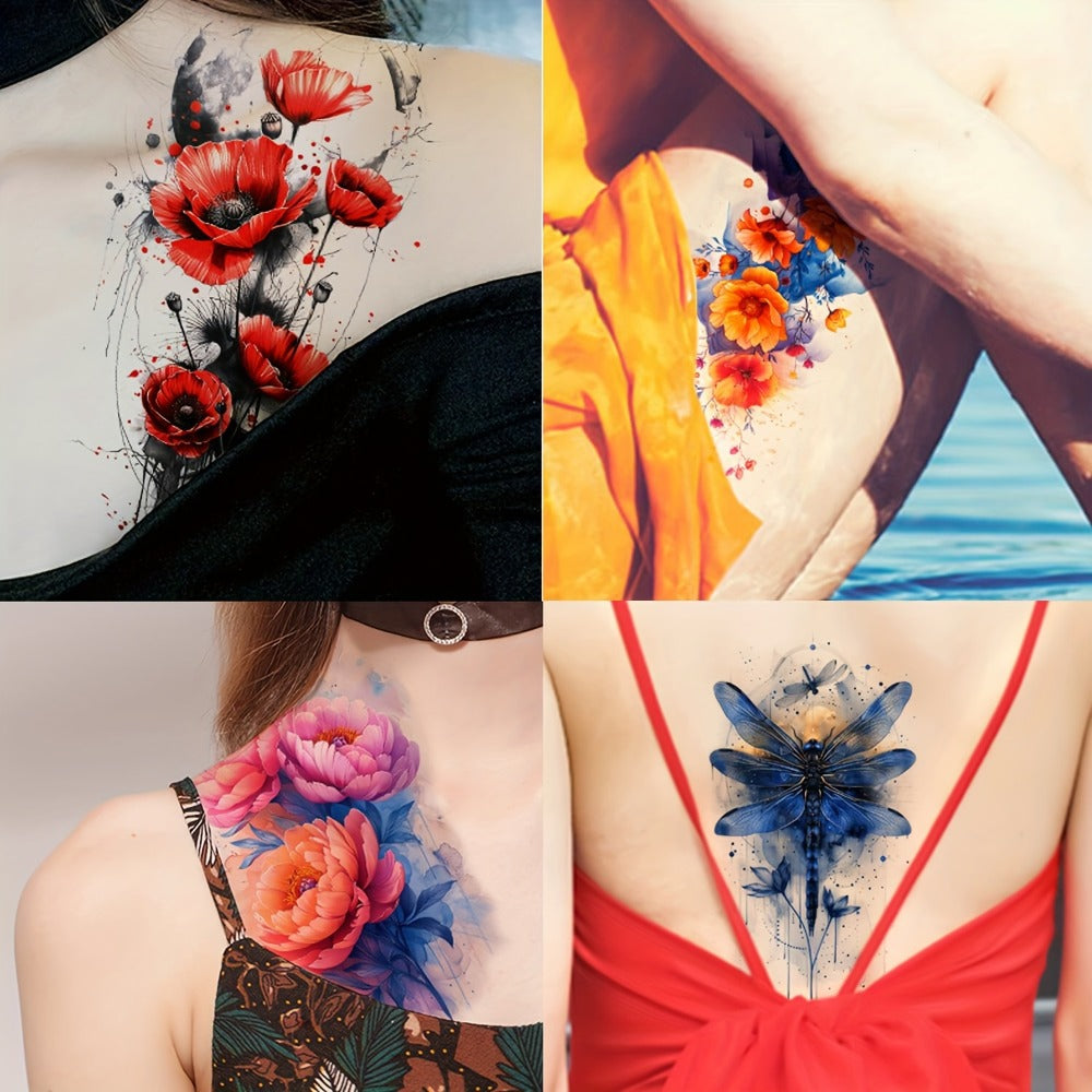 Temporary Tattoos for Women & Kids - 24 Sheets Large Watercolor Realistic Fake Tattoo Stickers with Flower & Animal Designs - Long Lasting Body Art Half Arm Tattoos