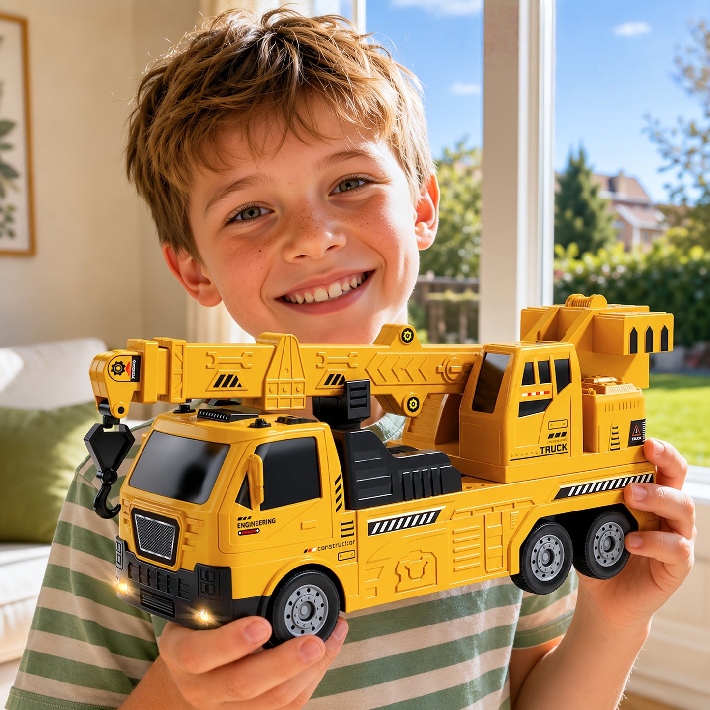[Birthday Christmas Easter] BABY HOME 3-In-1 Crane & Excavator & Cars Racing Track Play Set for Aged 3+, Construction Vehicle Toy with Light & Sound, Birthday Christmas Easter Holiday Toy Gift