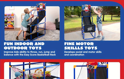 Kids Adjustable Basketball Hoop Set Arcade-Style Stand 4 Balls Air Pump 55 Inch Height Indoor Outdoor Sport Play Birthday Christmas Gift Boys Girls Ages 3+ Multicolor Red Blue