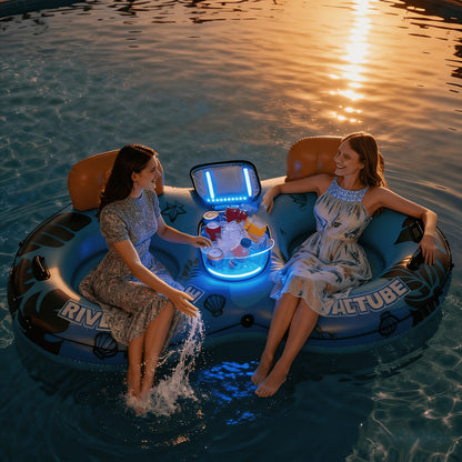 Heavy Duty Double Inflatable Pool Float Bed with Detachable Refrigerator, Suitable for Swimming Pools Rivers, Adult Float River Drifting Boat Lounge Chair with 2 Cup Holders